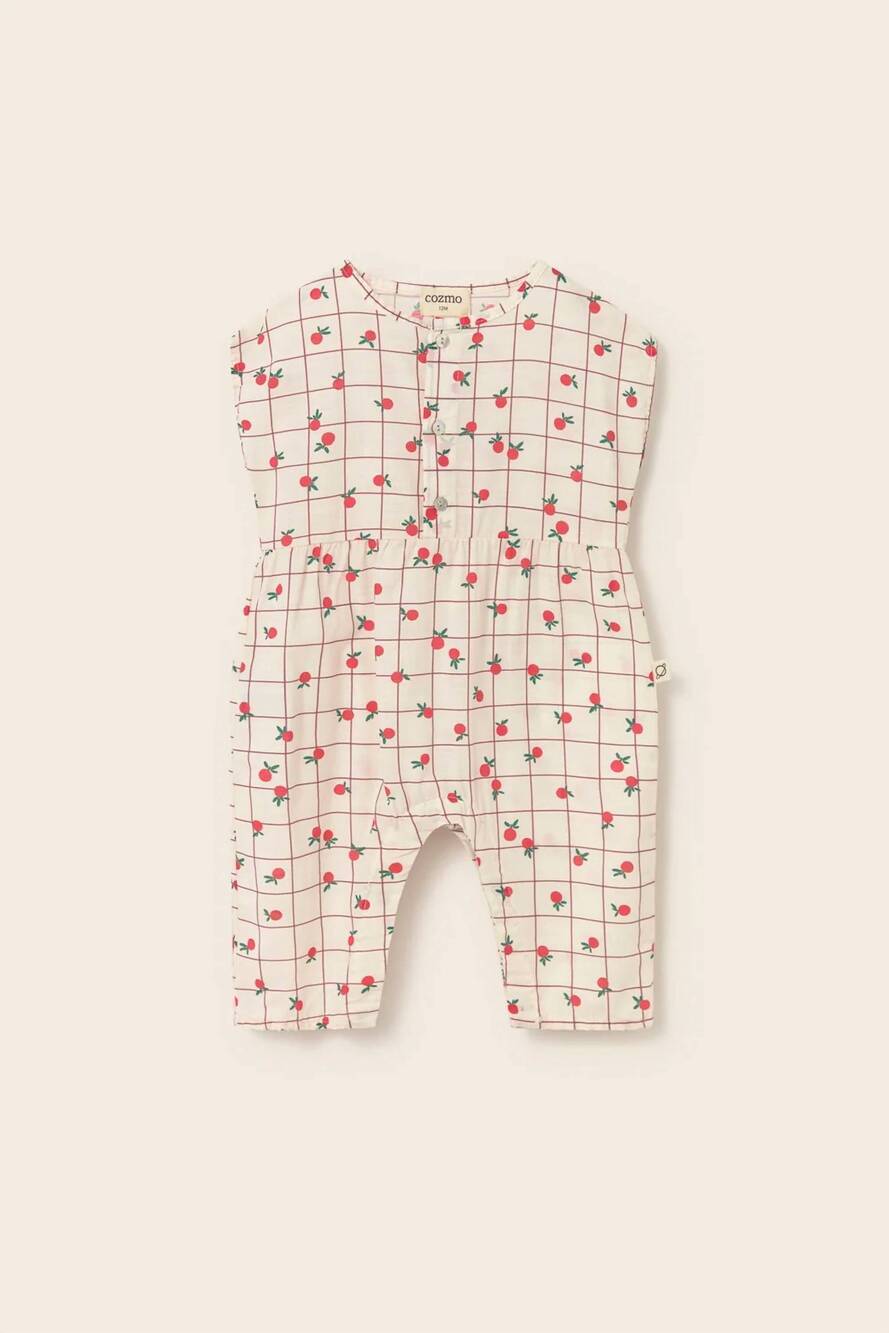 NEW MY LITTLE COZMO girls slub fruit poplin jumpsuit in ivory